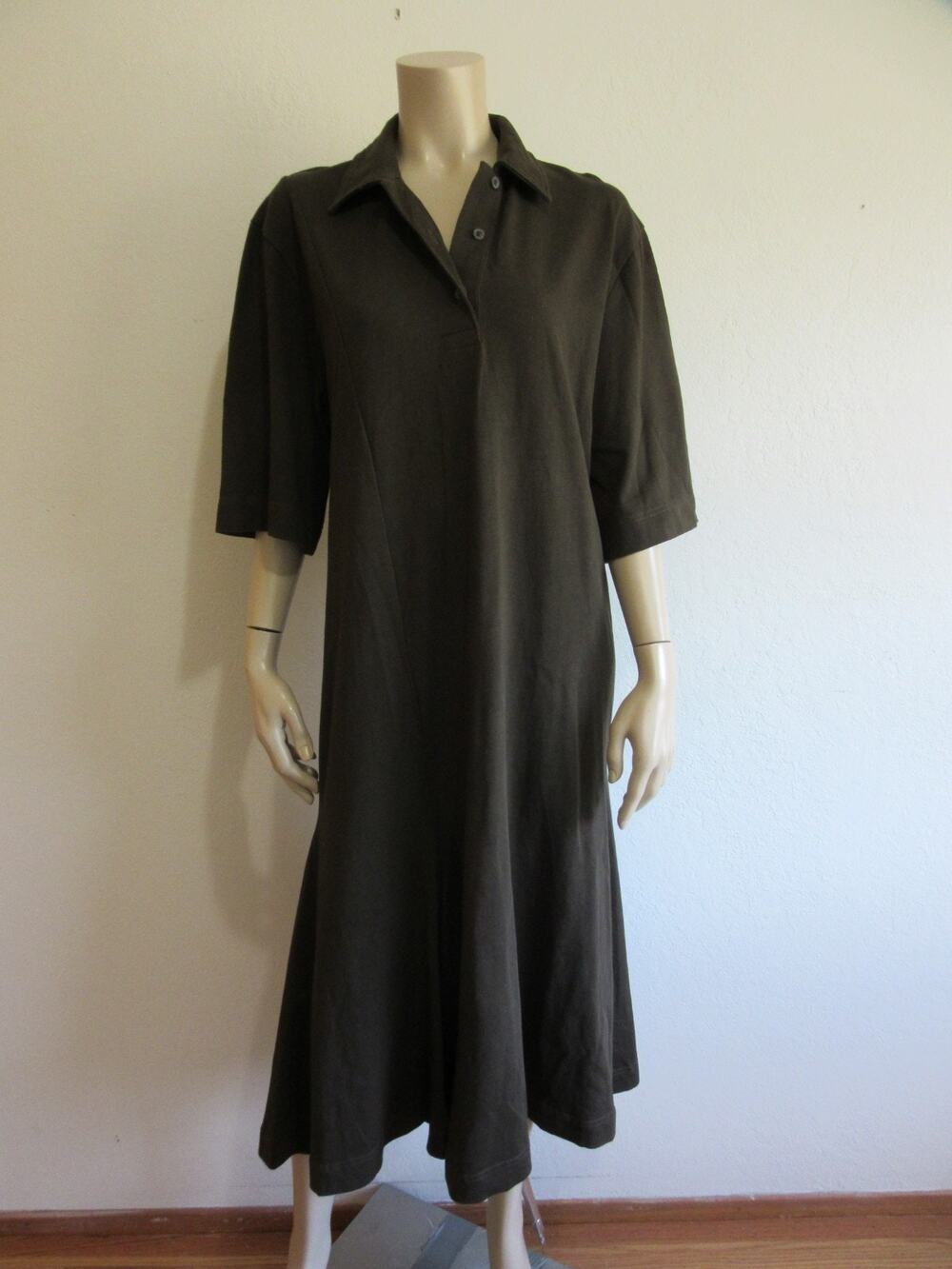 COS Brown Knit Collared Short Sleeve M 100% Cotton Midi Dress-CA